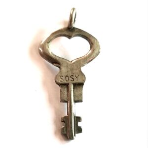 Vintage key pendant SOSY skeleton key steampunk charm silver tone heart